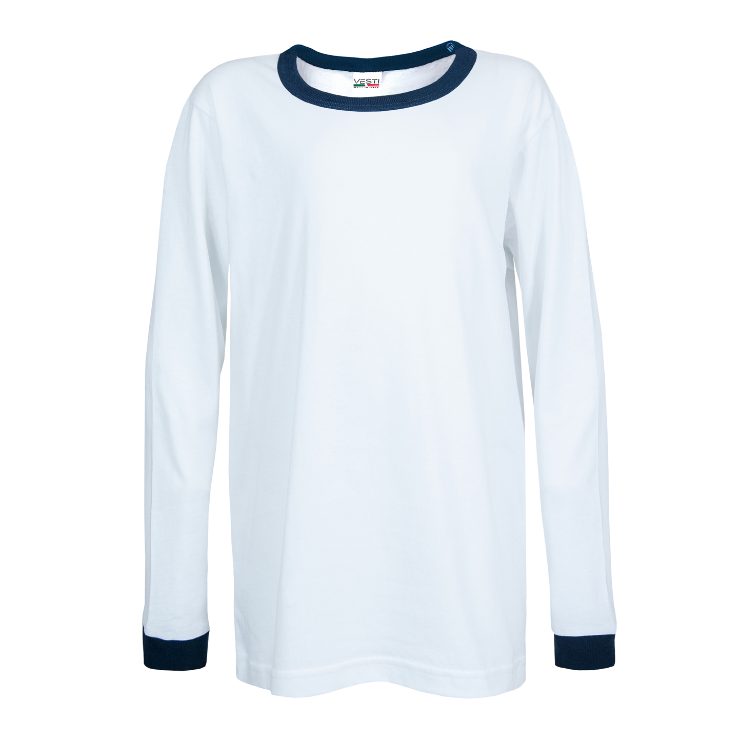 Camiseta infantil de manga comprida e gola redonda em tecido macio. - 99NY - Branco/Azul Marinho