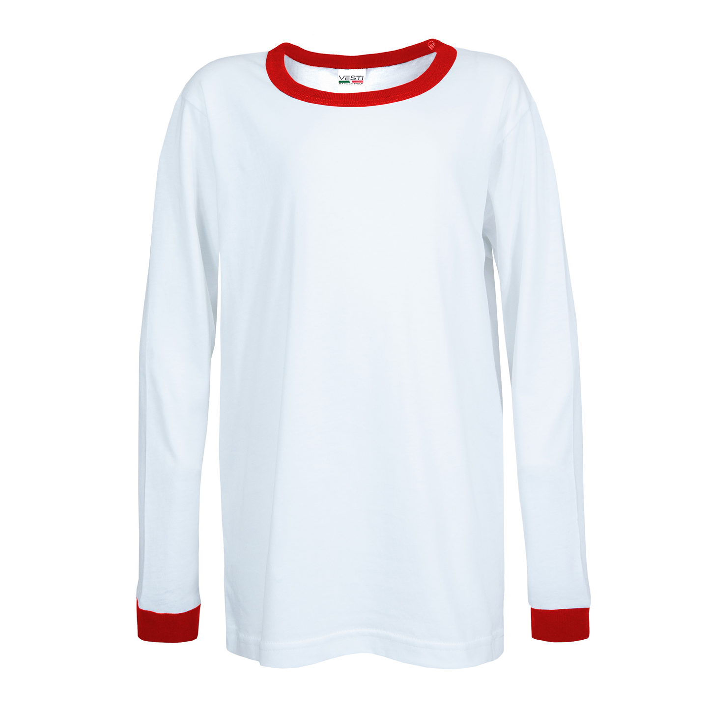 Camiseta infantil de manga comprida e gola redonda em tecido macio. - 99RO - Branco/Vermelho