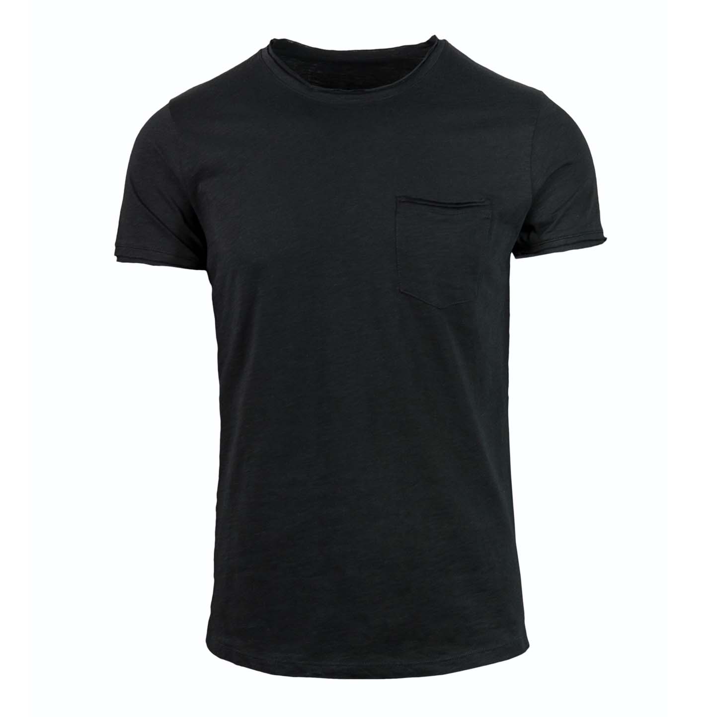 Suéter de malha texturizada com bolso, gola redonda, mangas curtas e corte a fio. - 12 - Preto