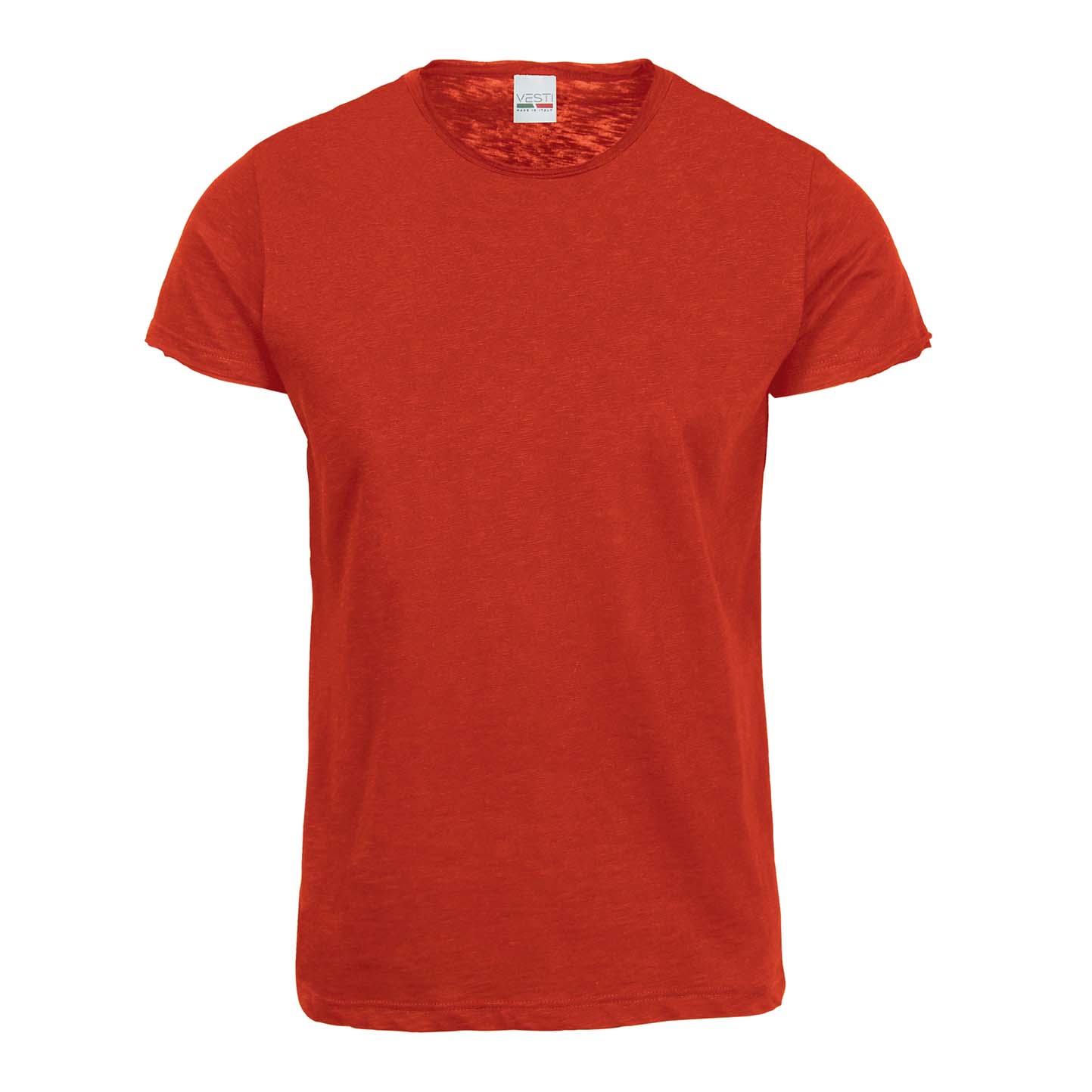 Suéter de gola redonda, manga curta e corte a fio em tecido slub. - RO - Vermelho