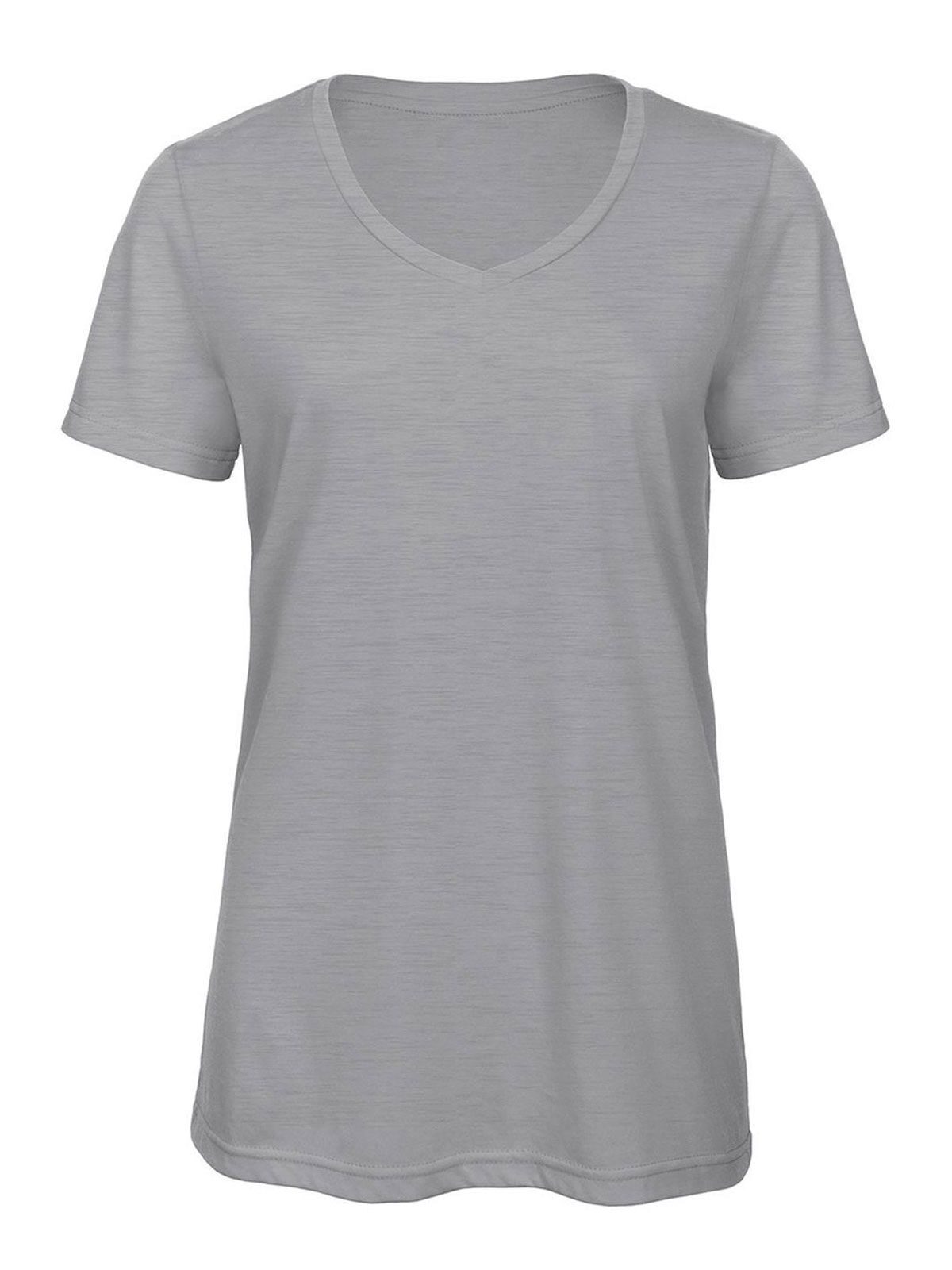 Camiseta feminina com decote em V e tecido misto - HL613 - Cinza Claro Heather
