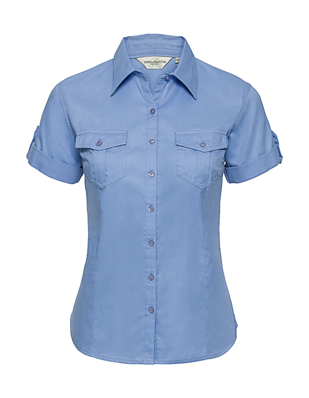 Camisa feminina de manga curta com punhos - BL - Azul