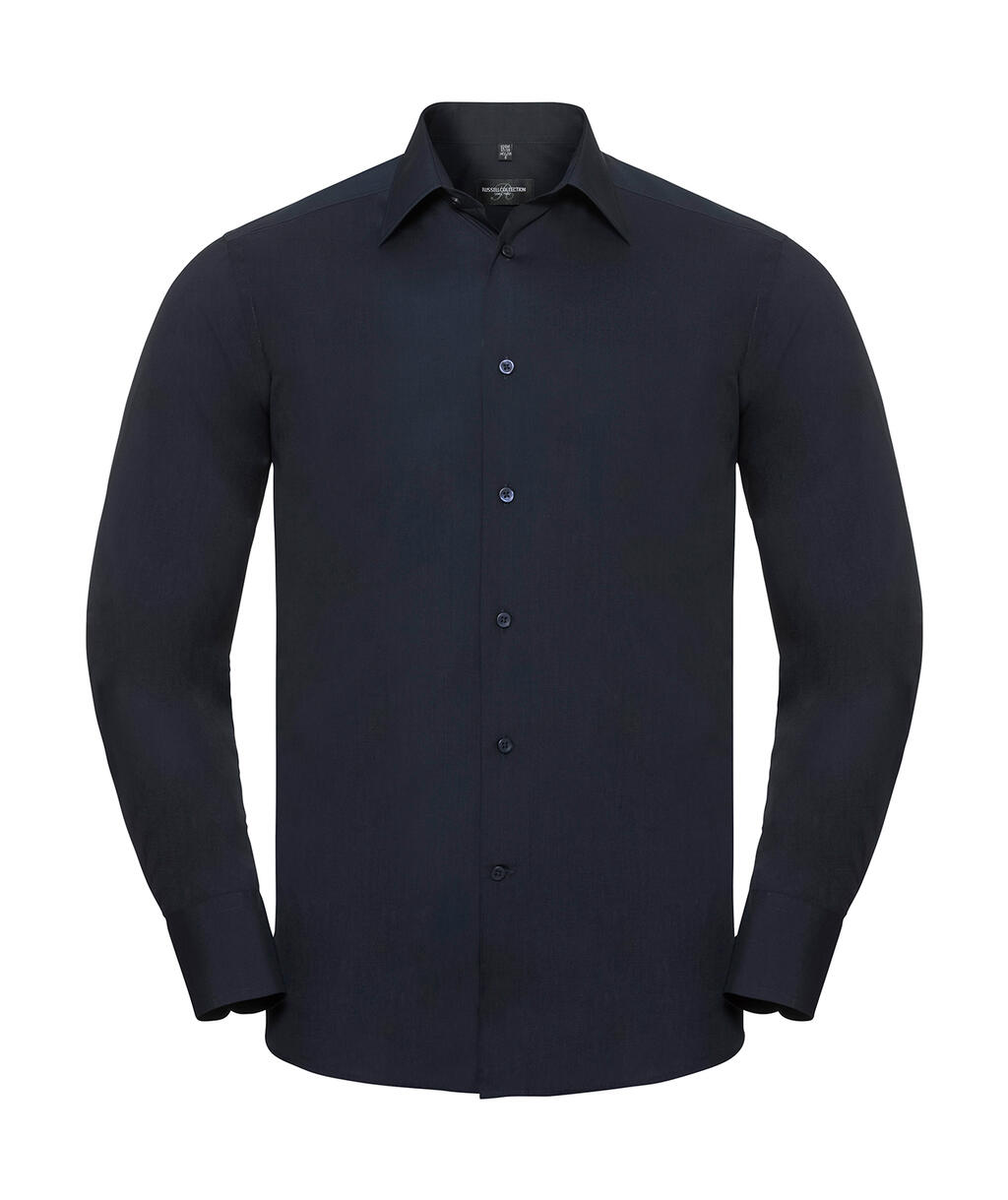 Camisa masculina de manga comprida em tecido popeline de algodão e poliéster com corte sob medida - 201 - Marinha Francesa
