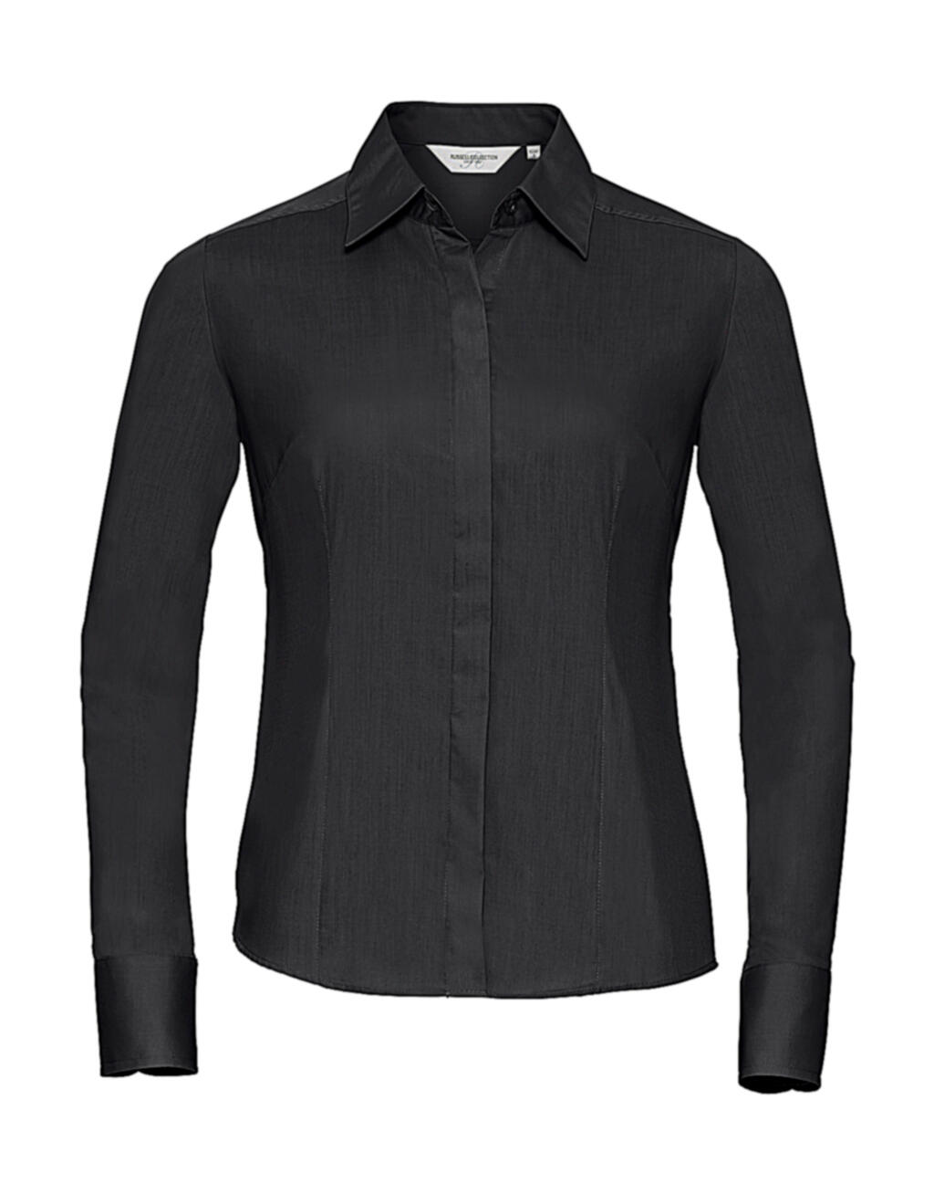Camisa feminina de manga comprida ajustada em algodão e poliéster. - 101 - Preto