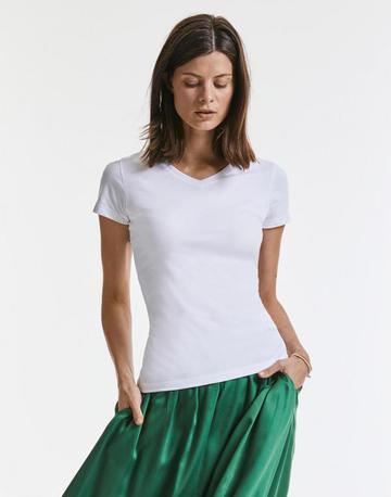Camiseta feminina com decote em V, feita de material orgânico puro