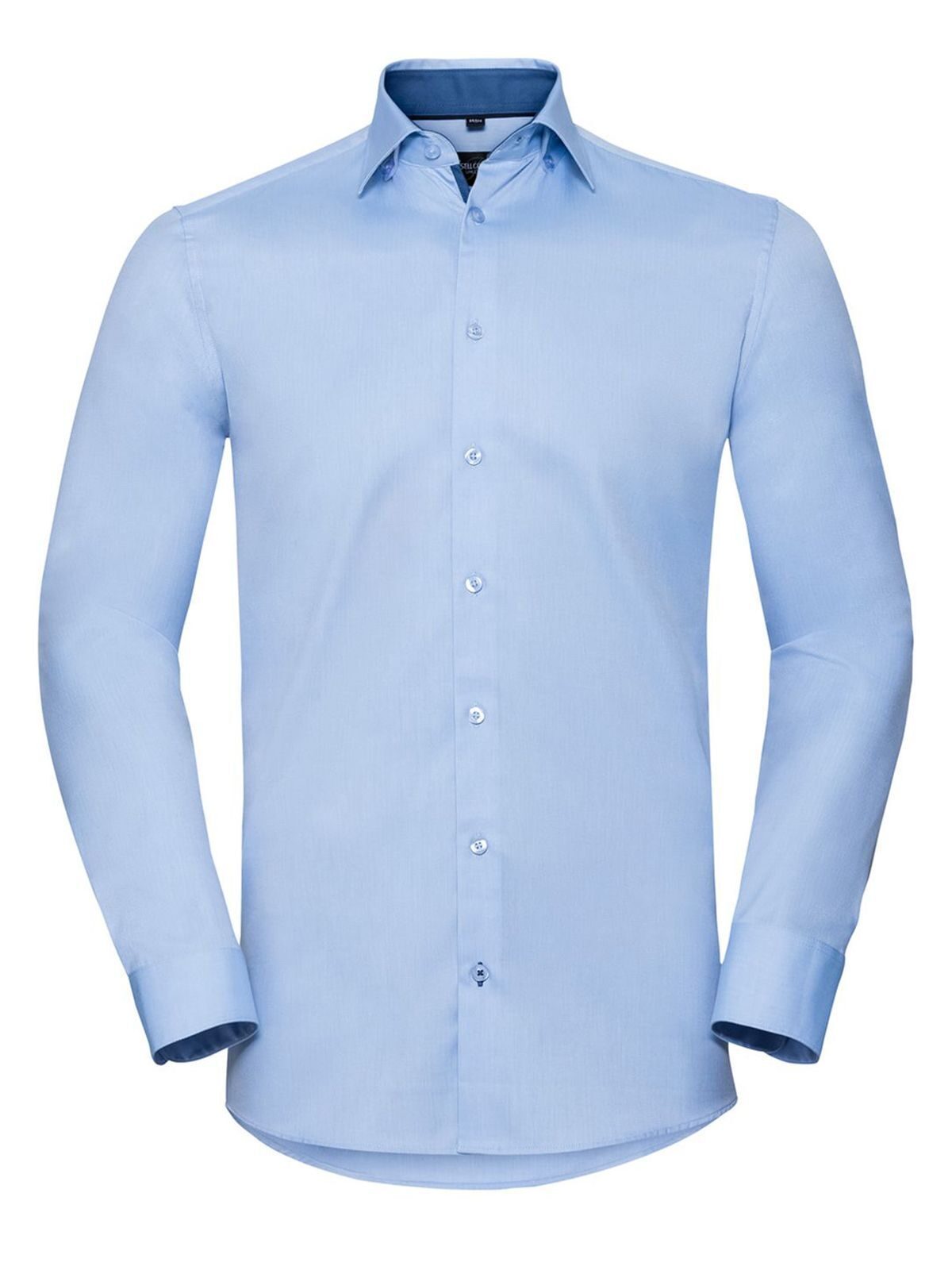 Camisa masculina de manga comprida com estampa espinha de peixe contrastante e corte sob medida. - LB - Azul claro/Azul médio/Azul marinho brilhante
