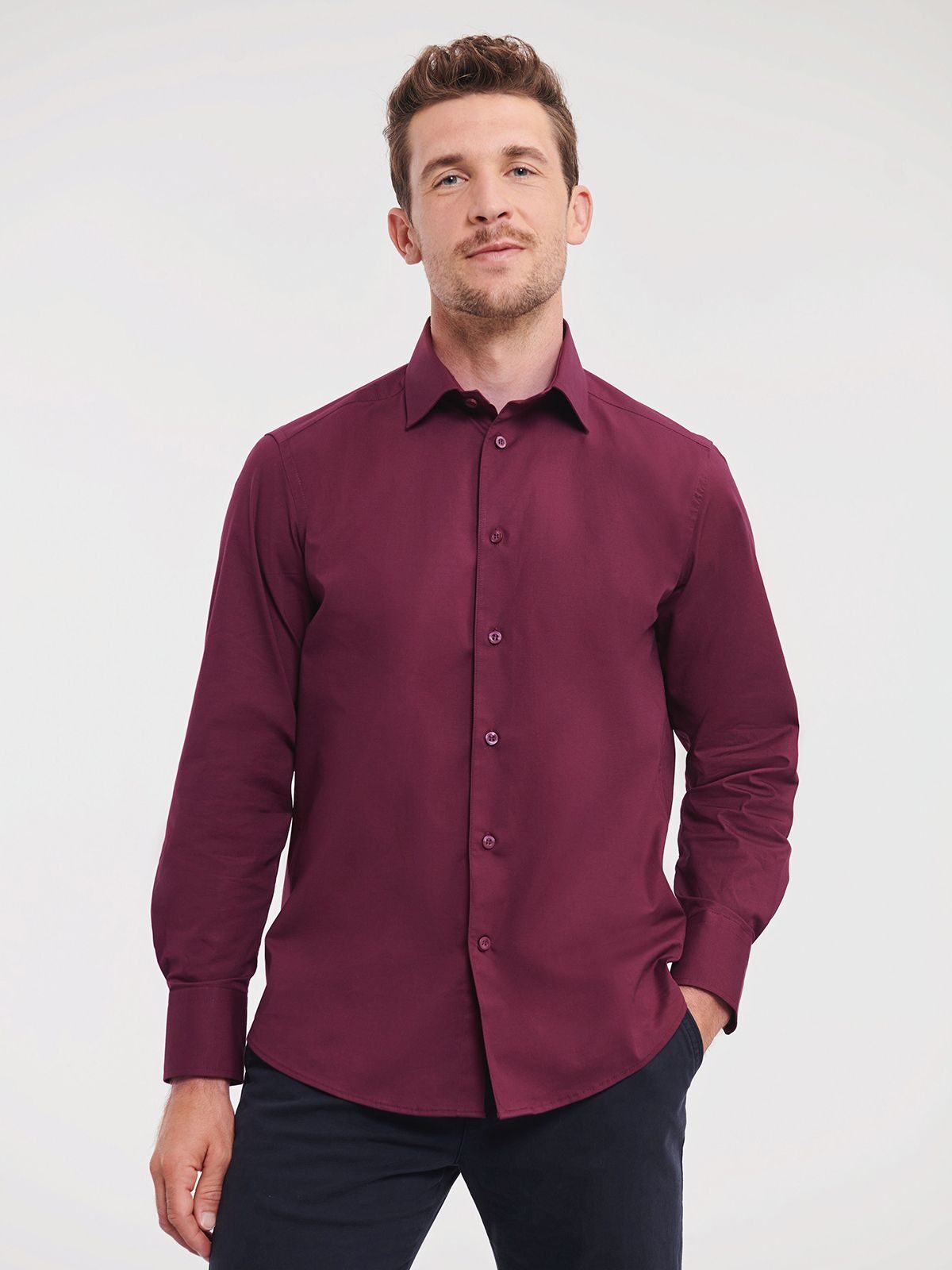 Camisa masculina de manga comprida com modelagem ajustada e tecido elástico