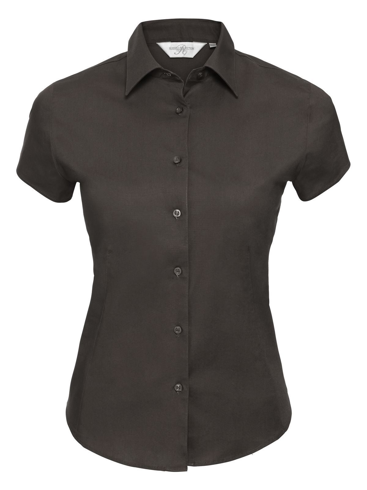 Camisa feminina de manga curta, fácil de cuidar e com modelagem ajustada. - CQ - Chocolate