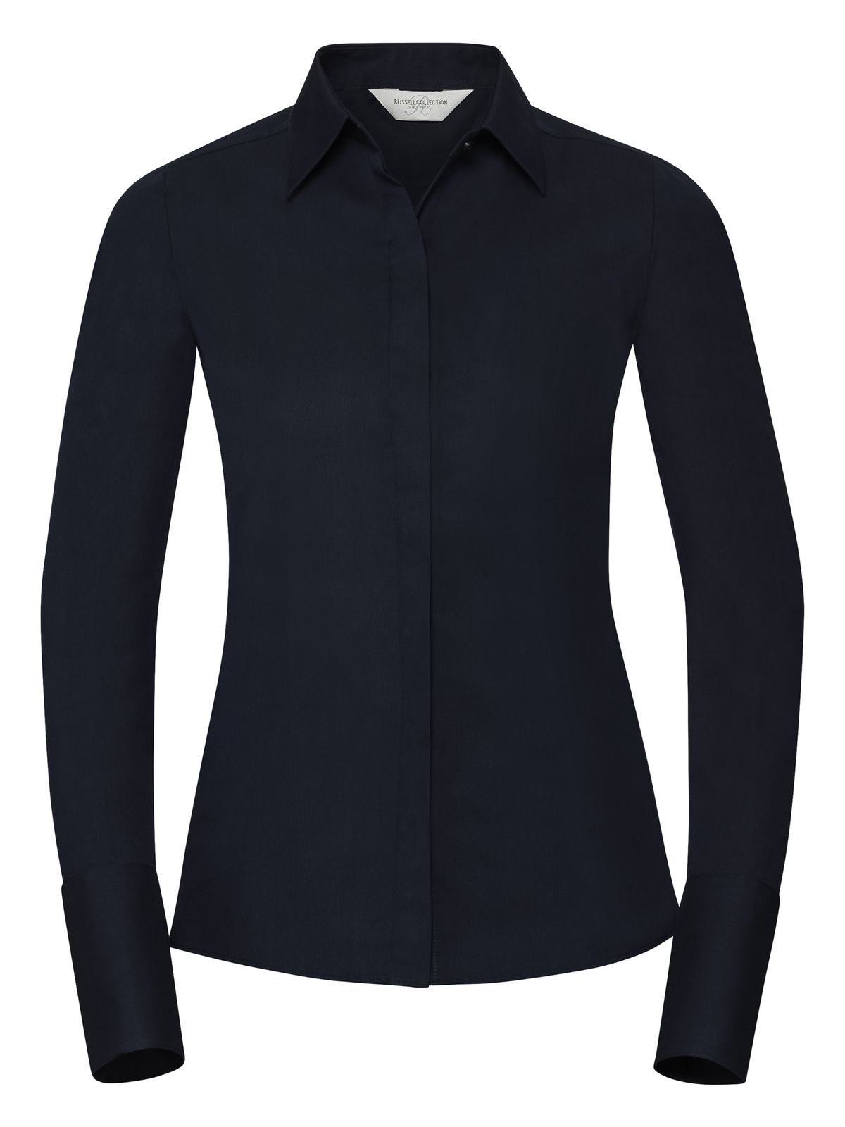 Camisa feminina de manga comprida com modelagem ajustada e tecido ultra elástico - NB - Azul Marinho Claro/Azul Oxford/Branco