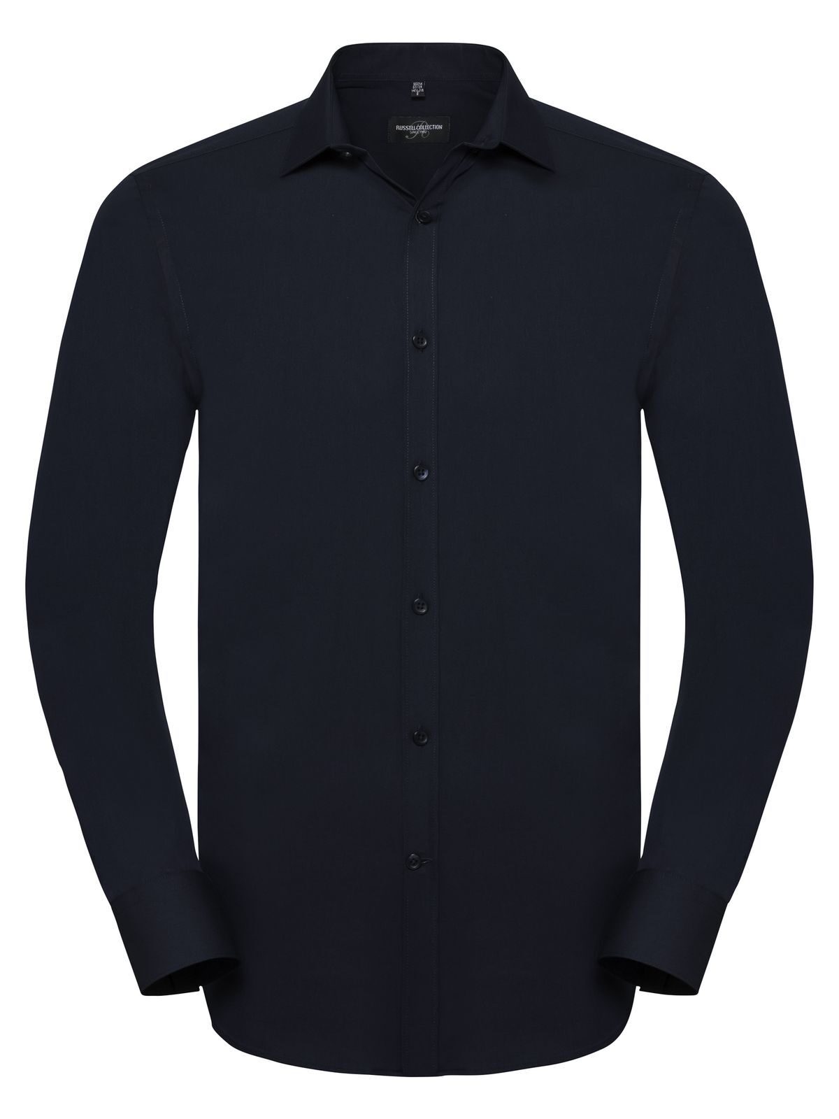 Camisa masculina de manga comprida com modelagem ajustada e tecido ultra elástico. - NB - Azul Marinho Claro/Azul Oxford/Branco
