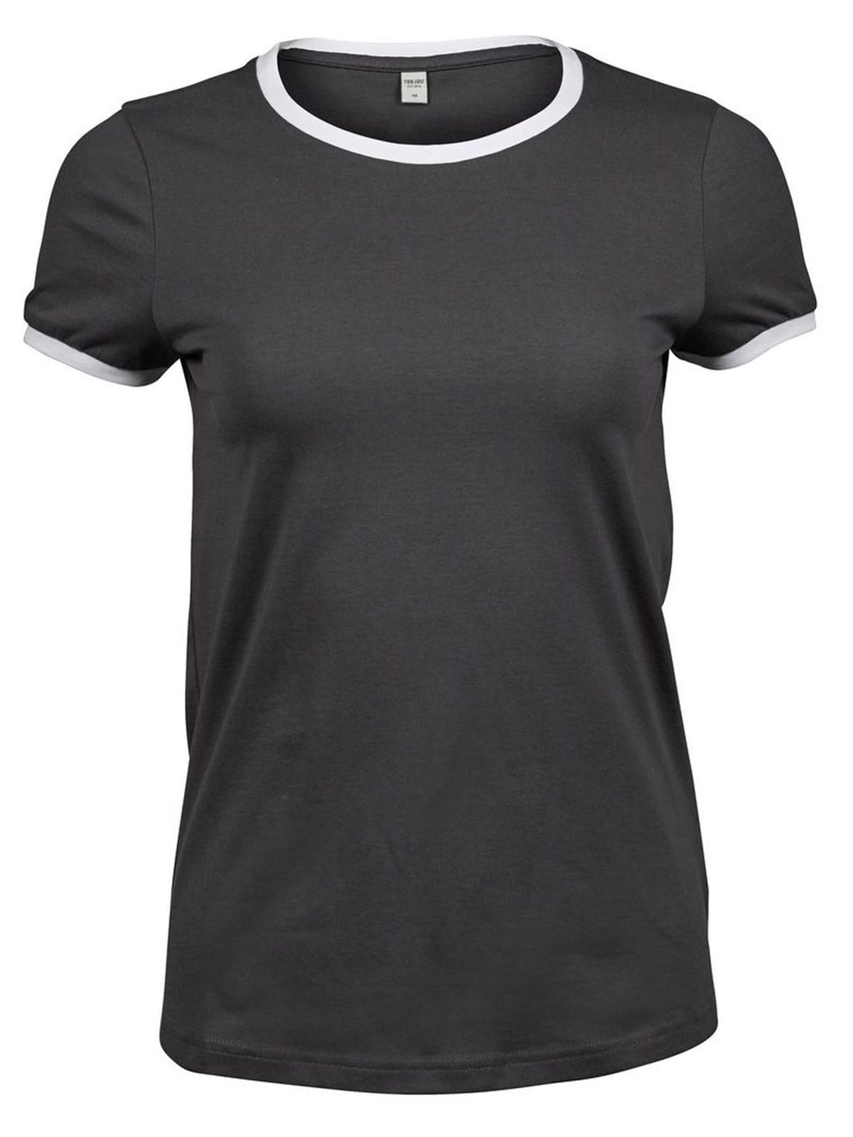 Camiseta feminina com gola contrastante - Cinza escuro/Branco