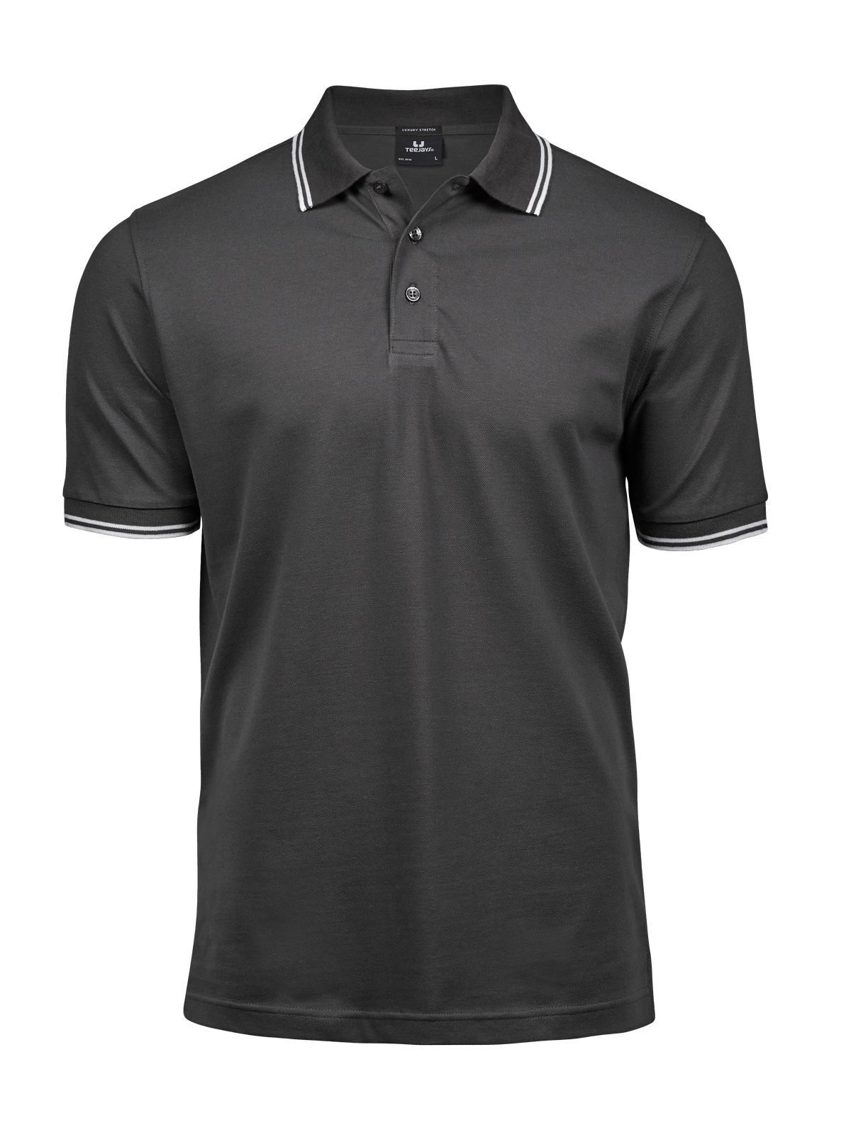 Polo masculina de luxo com listras e elastano - Cinza escuro/Branco