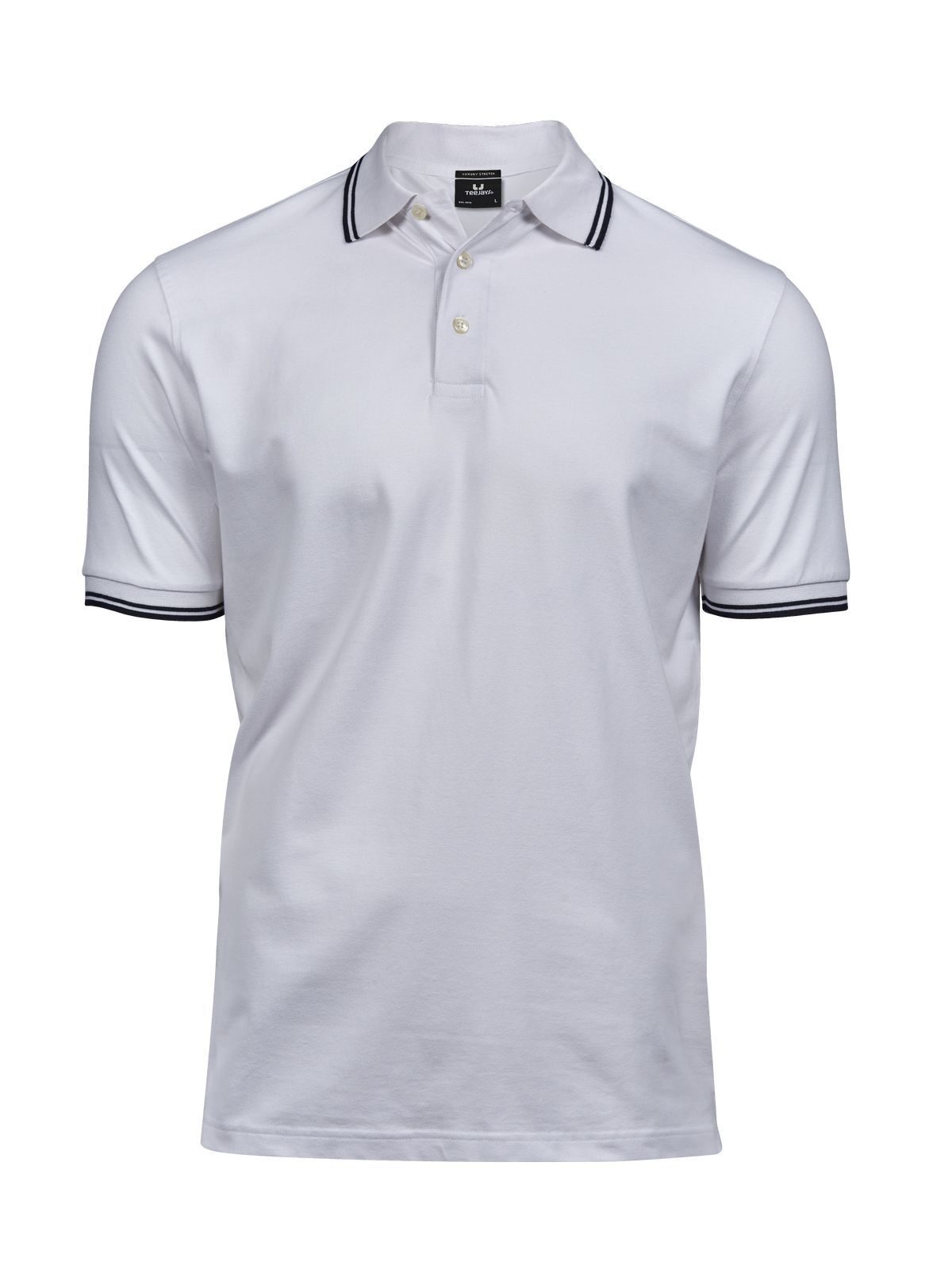 Polo masculina de luxo com listras e elastano - Branco/Azul Marinho