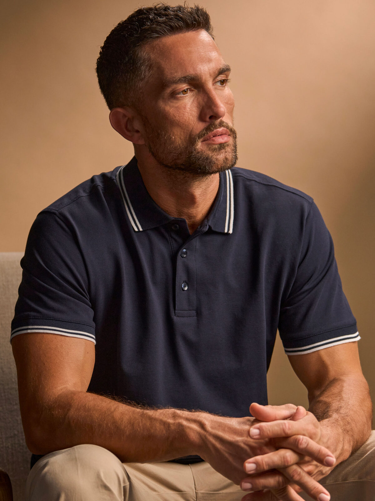 Polo masculina de luxo com listras e elastano