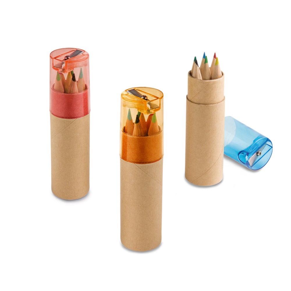 ROLS. Conjunto de 6 lápis de cor com apontador em estojo cilíndrico.