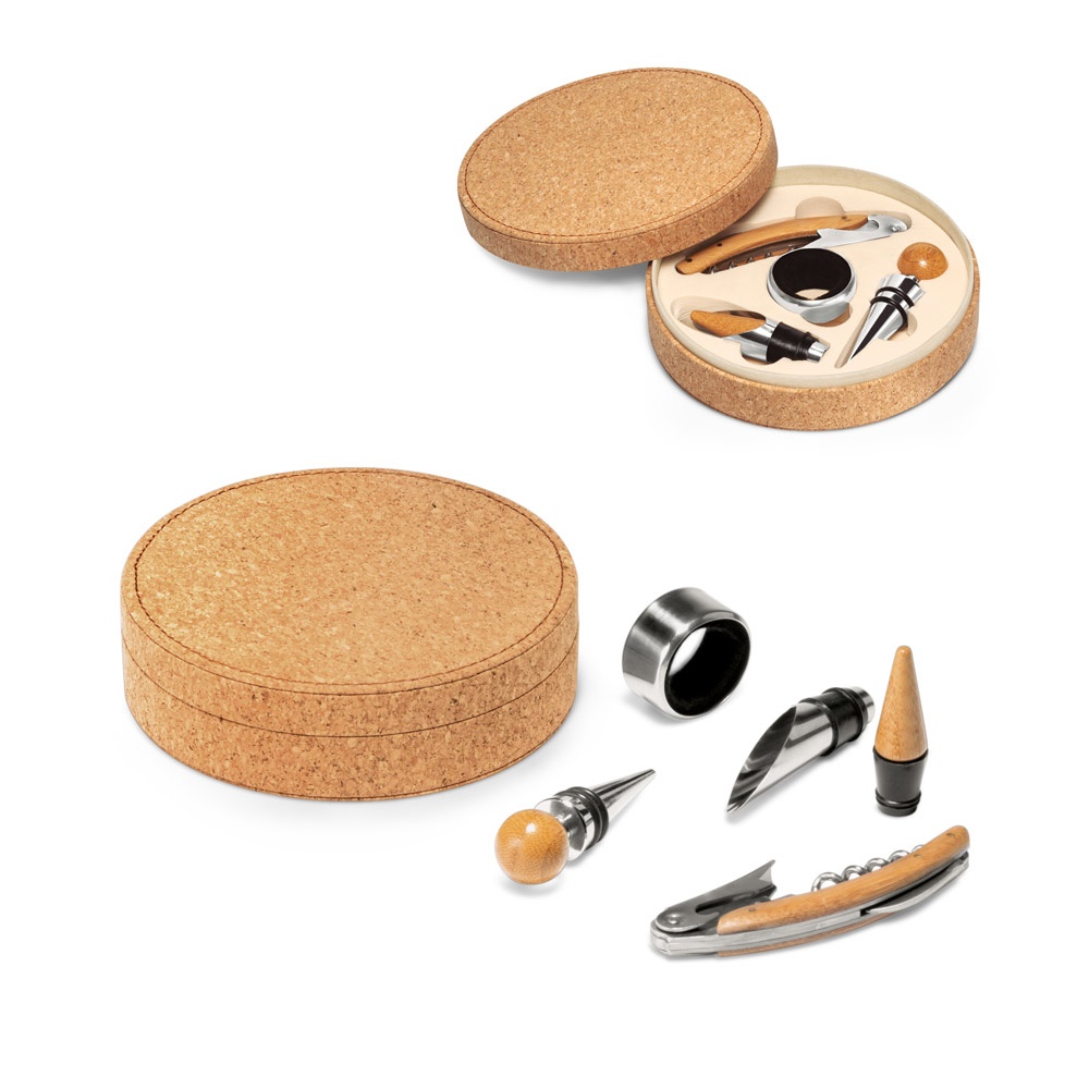 MORETO. Conjunto de vinho com 4 utensílios de bambu, aço inoxidável e ABS.