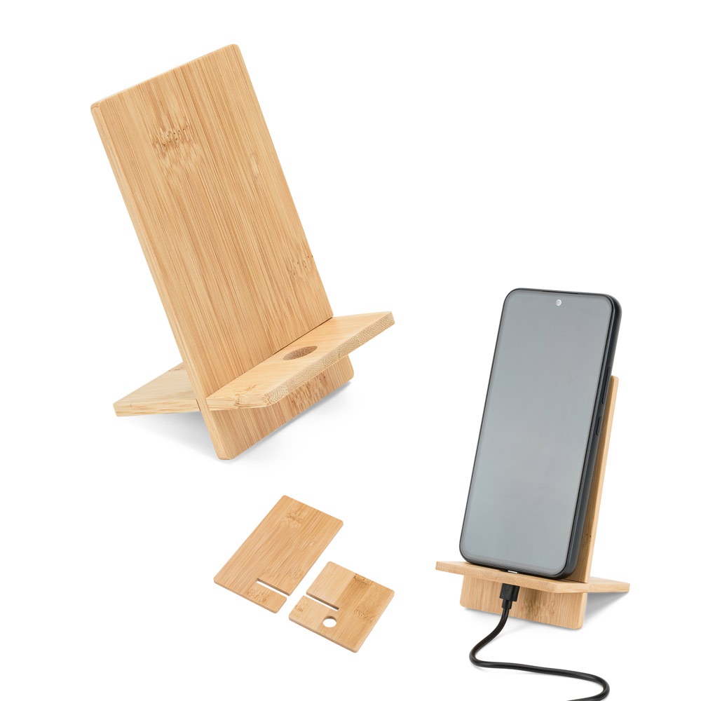 GALEN. Suporte para celular em bambu, composto por duas partes removíveis.