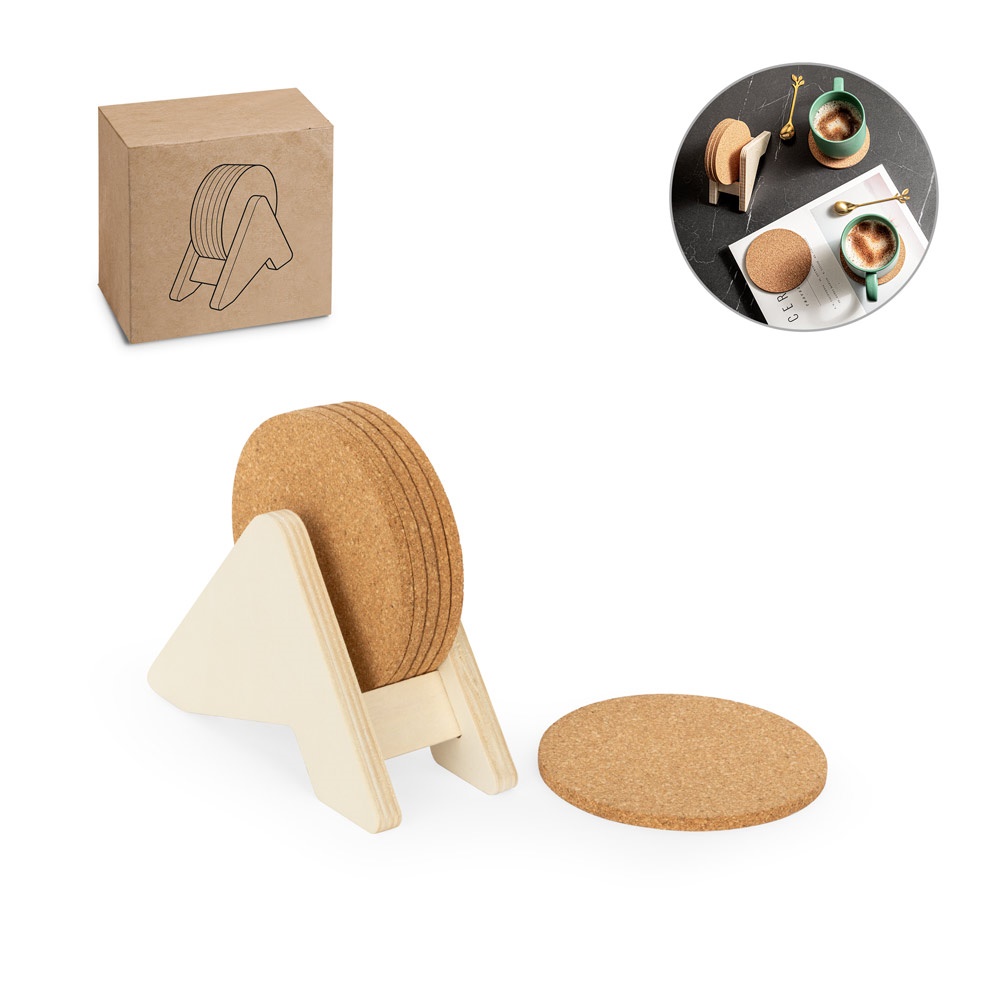 COMPENSADO/CORK. Suporte de madeira compensada com 6 porta-copos de cortiça.
