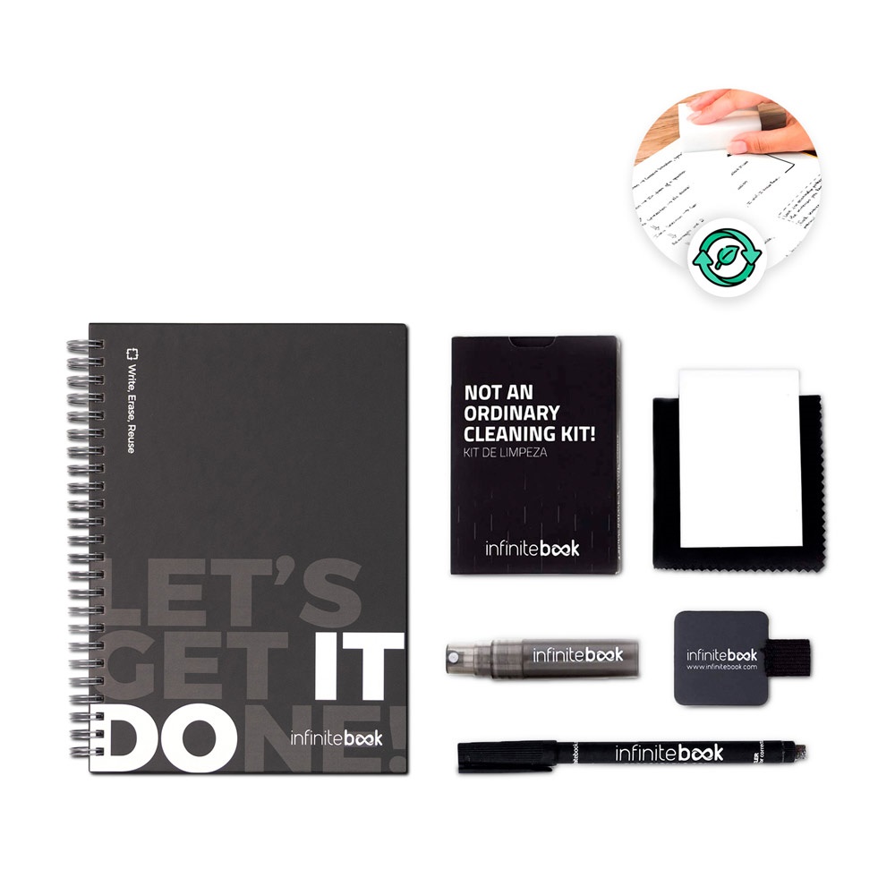 KIT INICIAL INFINITEBOOK. Conjunto composto por um "Infinitebook" de capa dura, 1 kit de limpeza, 1 marcador e 1 suporte para marcador.