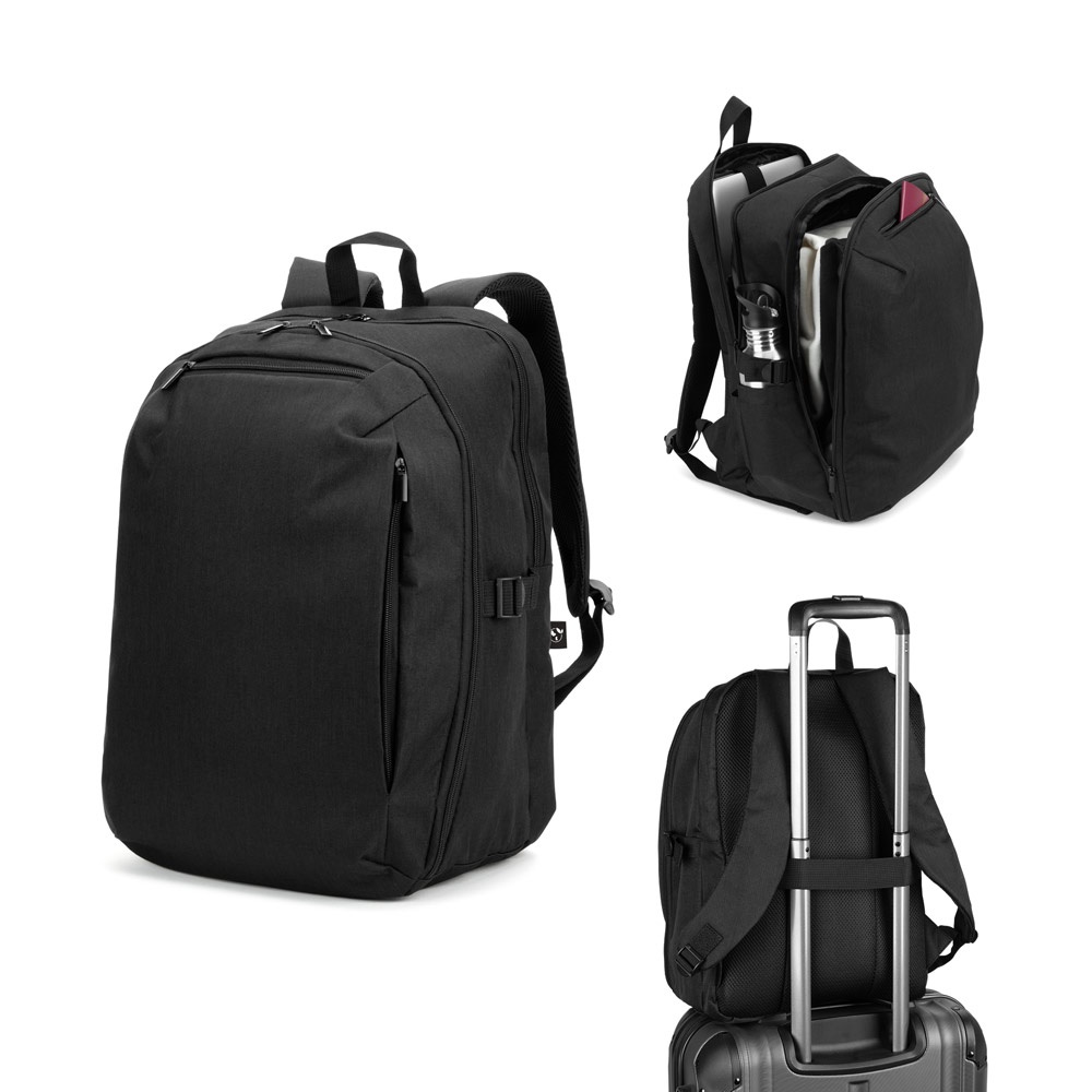 UDINE. Mochila de 16 polegadas com compartimento totalmente acessível, feita de poliéster reciclado 300D de alta densidade.
