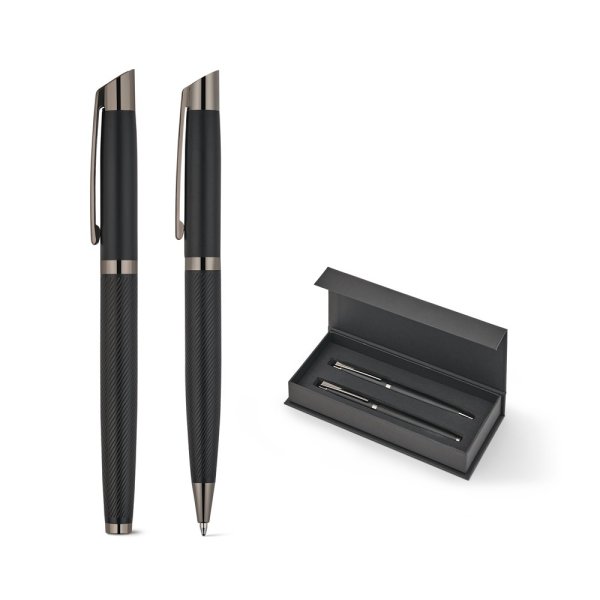 KINGSLEY. Conjunto com 1 caneta esferográfica e 1 caneta rollerball em alumínio, ambas com tinta Dokumental® azul.