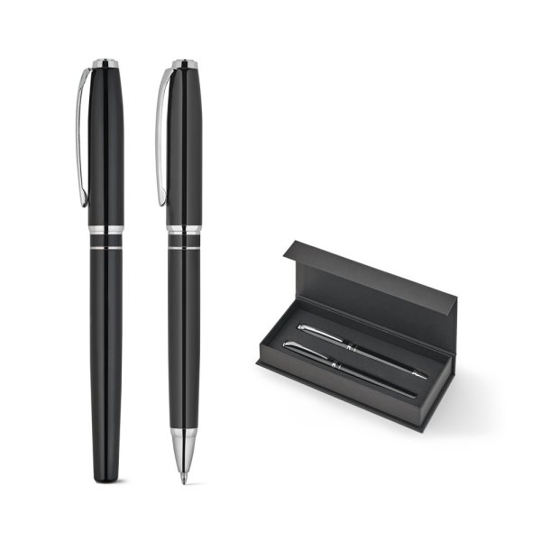 SARAMAGO. Conjunto de alta qualidade composto por uma caneta esferográfica e uma caneta rollerball em cobre e aço inoxidável, com tinta azul.