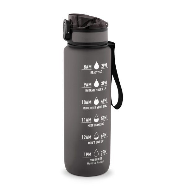 ERIKSSON. Garrafa de água PET reciclada (100% rPET), com frases motivacionais e marcações de tempo para incentivar o consumo de água. - 103 - Preto