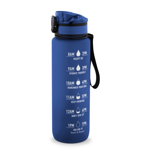 ERIKSSON. Garrafa de água PET reciclada (100% rPET), com frases motivacionais e marcações de tempo para incentivar o consumo de água. - 104 - Azul