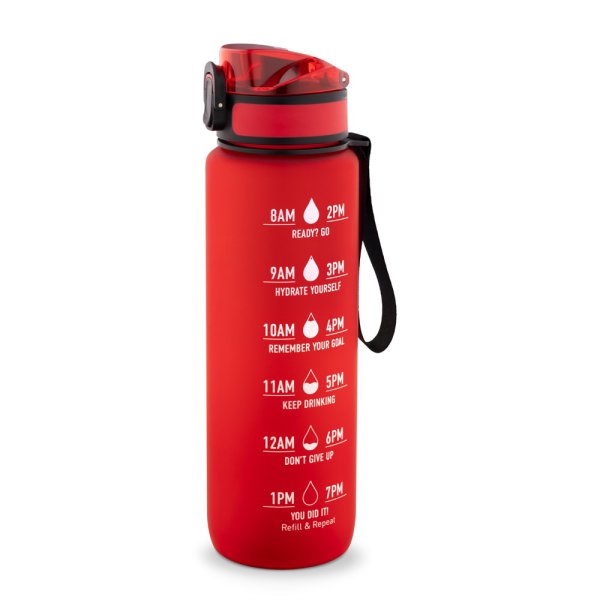ERIKSSON. Garrafa de água PET reciclada (100% rPET), com frases motivacionais e marcações de tempo para incentivar o consumo de água. - 105 - Vermelho