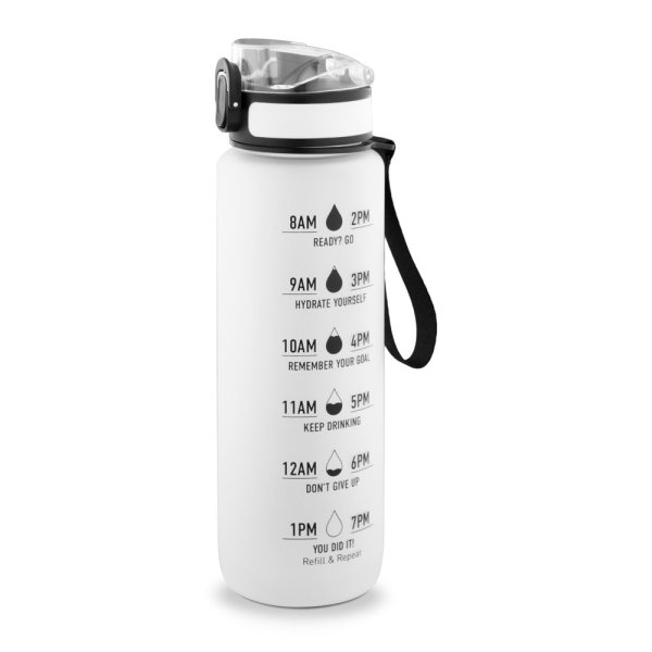 ERIKSSON. Garrafa de água PET reciclada (100% rPET), com frases motivacionais e marcações de tempo para incentivar o consumo de água. - 106 - Branco