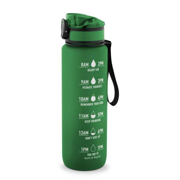 ERIKSSON. Garrafa de água PET reciclada (100% rPET), com frases motivacionais e marcações de tempo para incentivar o consumo de água. - 109 - Verde