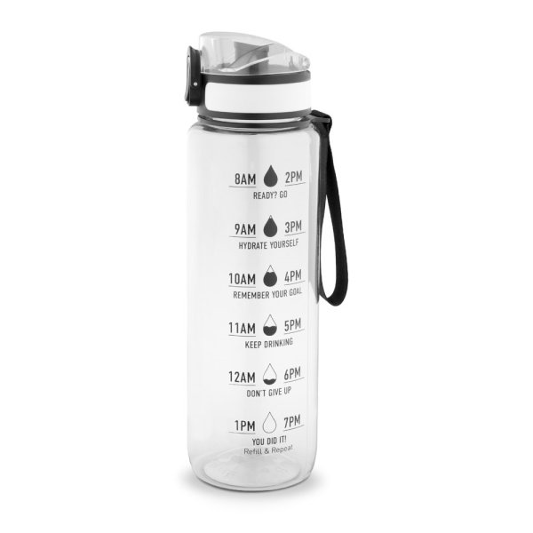 ERIKSSON. Garrafa de água PET reciclada (100% rPET), com frases motivacionais e marcações de tempo para incentivar o consumo de água. - 110 - Transparent