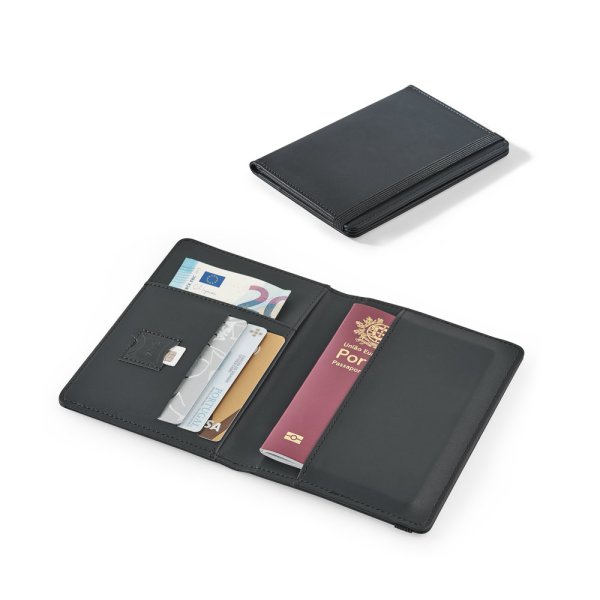 BRAM. Porta-passaporte em PU com fecho elástico e vários bolsos.