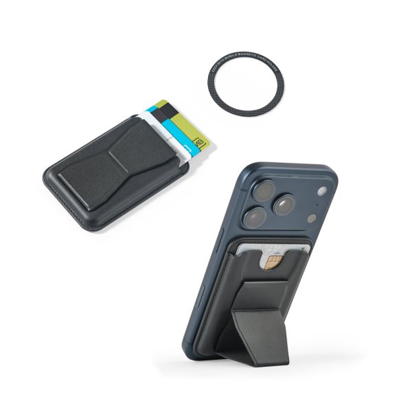 CONNOR. Porta-cartões magnético em imitação de couro, fixa-se facilmente à parte traseira do seu telefone e oferece proteção RFID.