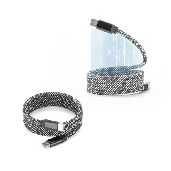 NADELLA. Cabo USB-C para USB-C (60 W), com cordão de poliéster trançado e sistema magnético para fácil enrolamento.