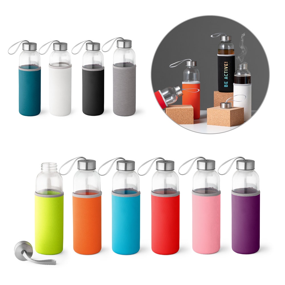RAISE. Garrafa de água esportiva de 520 ml em vidro e aço inoxidável.